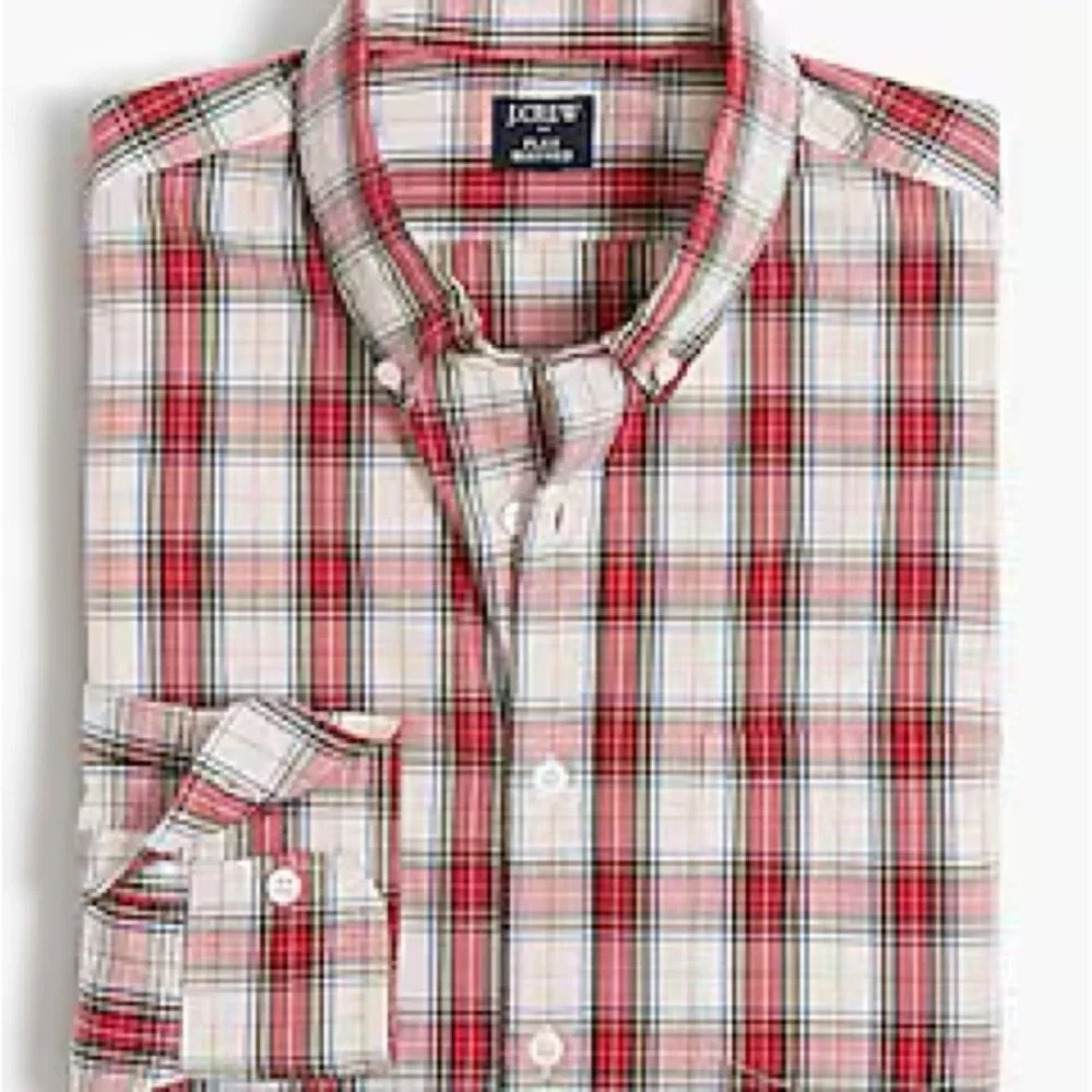 NWT J.Crew Men's XXL Plaid Button Down Shirt Classic Fit Red White Poplin